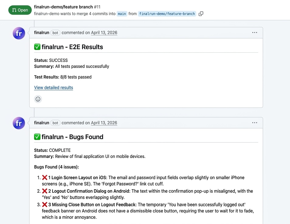 GitHub pull request with FinalRun bot comments: E2E results and mobile UI bug findings