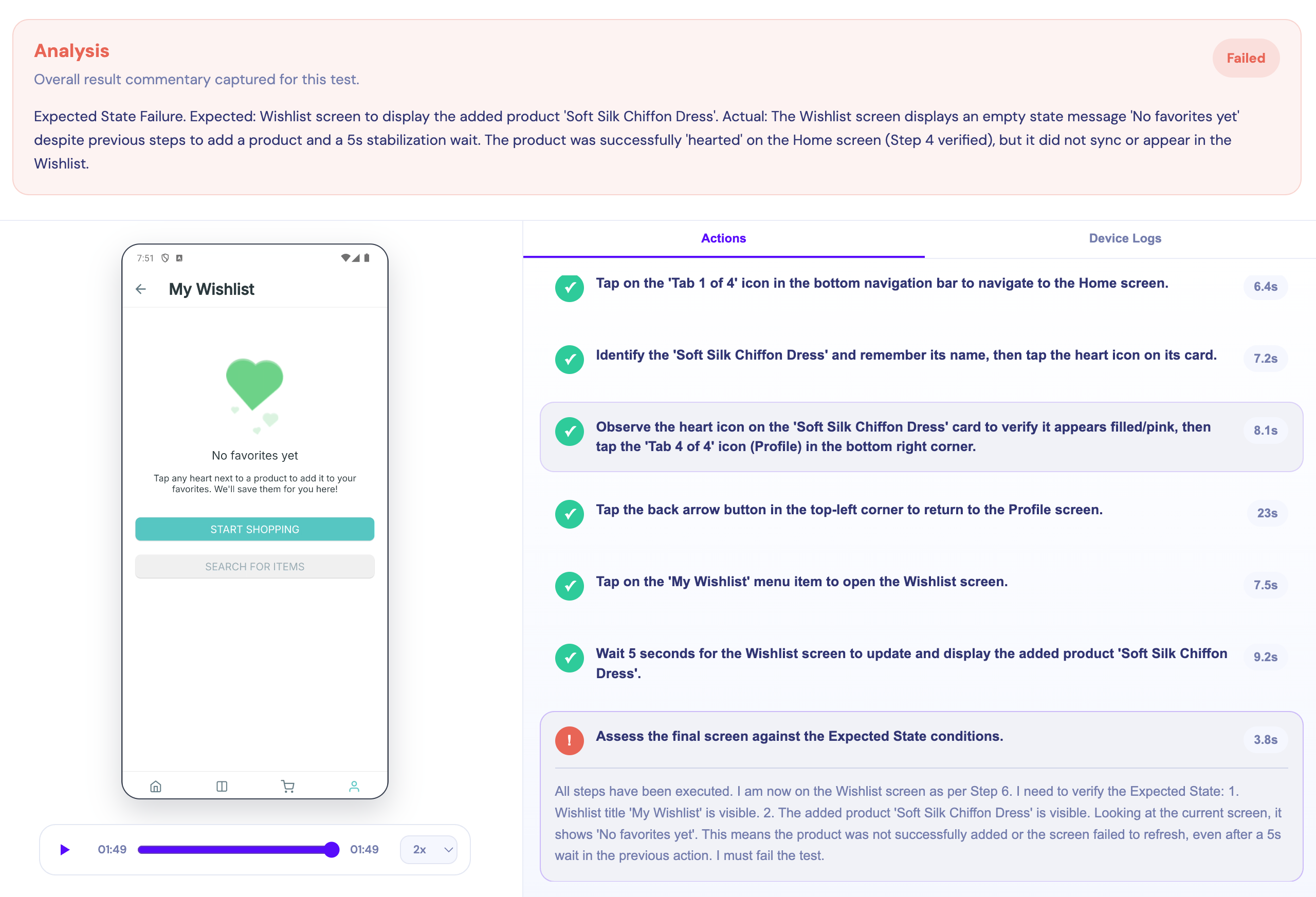 FinalRun analysis report: failed test with device replay, step-by-step actions, and AI reasoning