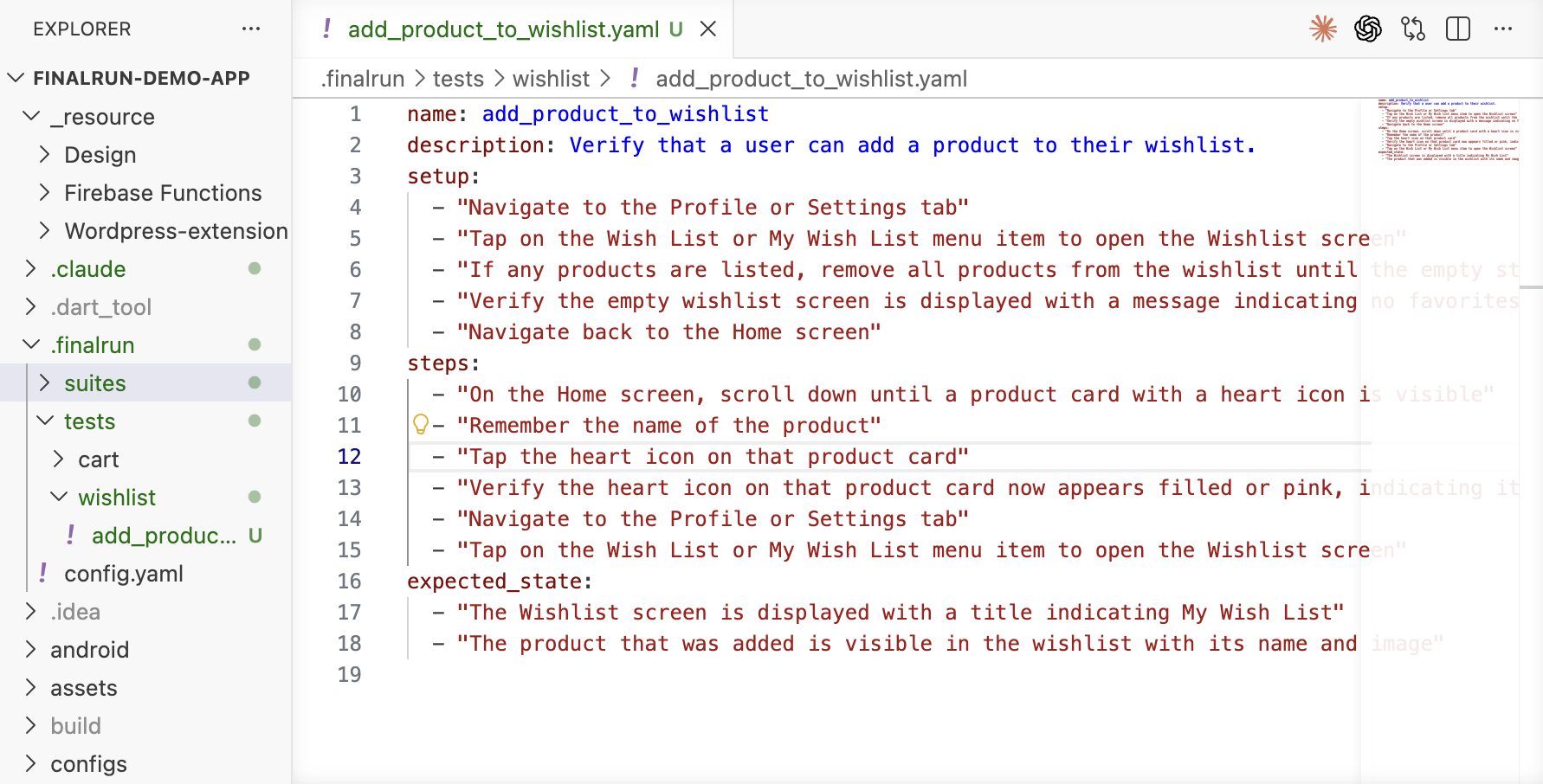Plain-English YAML test specification in the editor